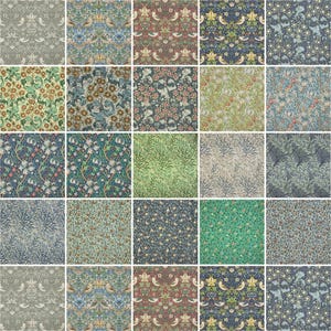 K&ouml;nnte beinhalten: Eine Sammlung von 25 verschiedenen Stoffmustern mit Blumen- und Vogelmotiven. Die Muster sind in verschiedenen Farben, darunter Blau, Gr&uuml;n, Rot und Braun.