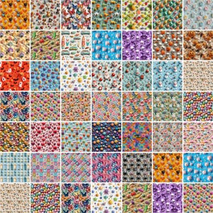 May include: A collection of 64 colorful, patterned squares featuring various designs, including butterflies, skulls, hearts, and more. Each square is filled with a repeating pattern.