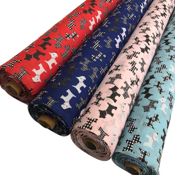 Scotty Dogs Polycotton Fabric Material in Pink Navy Sky & Red Sold By the Metre 114cm wide
