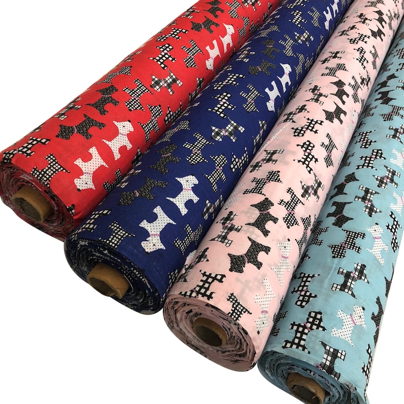 May include: Four rolls of fabric with a black and white silhouette of a dog on a checkered background. The fabric rolls are red, blue, pink, and light blue.