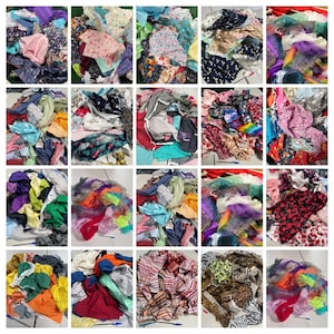 May include: A collection of fabric scraps in various colours and patterns, including floral, geometric, and plaid. The scraps are arranged in a grid of 20 squares.
