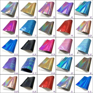 Könnte beinhalten: Eine Sammlung von 18 schimmernden Vinylfolien mit Leopardenmuster in verschiedenen Farben, darunter Blau, Rosa, Lila, Gold und Rot. Die Folien sind in einem Raster angeordnet und von 1 bis 18 nummeriert.