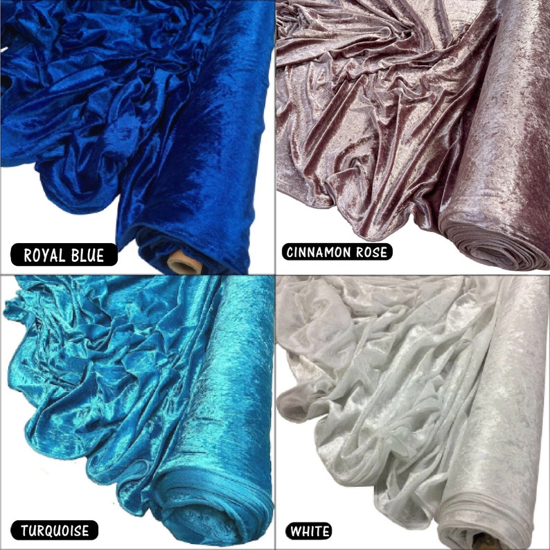 May include: Four rolls of crushed velvet fabric in different colours: royal blue, cinnamon rose, turquoise, and white.