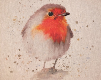 Luxury Cotton Rich Digital Printed Linen Fabric - Sold By The Metre -   ( Little RED ROBIN  )