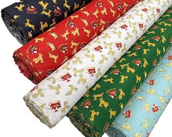 Christmas Polycotton Fabric Santas Flying Reindeer in 5 colourways 114cm wide