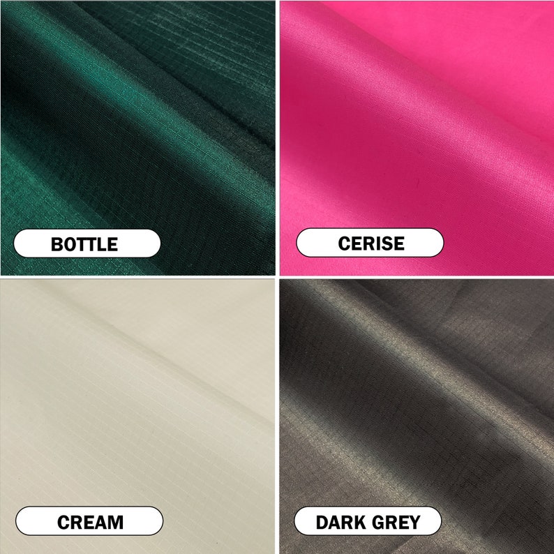 May include: A collage of four fabric swatches in different colors. The top left swatch is a dark green with the word "BOTTLE" below it. The top right swatch is cerise pink with the word "CERISE" below it. The bottom left swatch is cream with the word "CREAM" below it. The bottom right swatch is dark grey with the word "DARK GREY" below it.