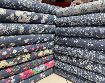 Printed Denim Chambray 100% Cotton Fabric Dressmaking Material Floral 147cm wide