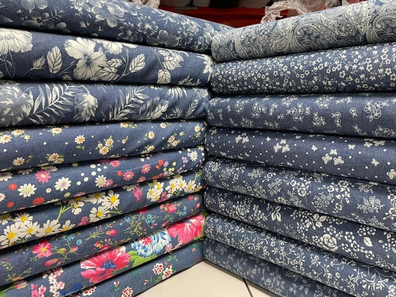 Printed Denim Chambray 100% Cotton Fabric Dressmaking Material Floral 147cm  Wide 