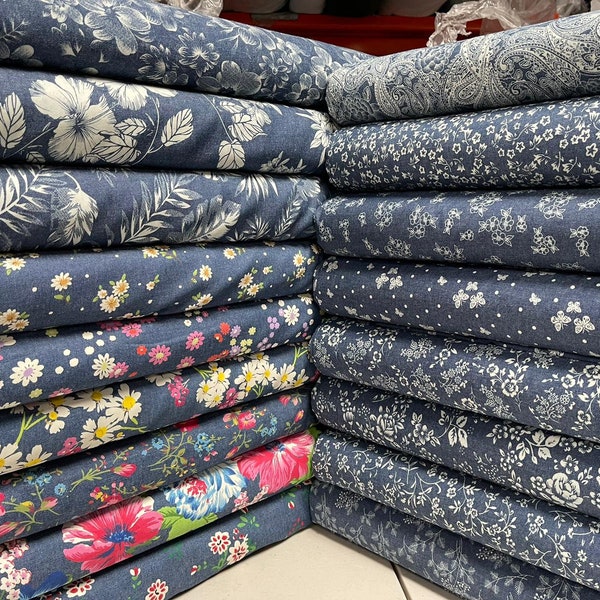 Printed Denim Chambray 100% Cotton Fabric Dressmaking Material Floral 147cm wide