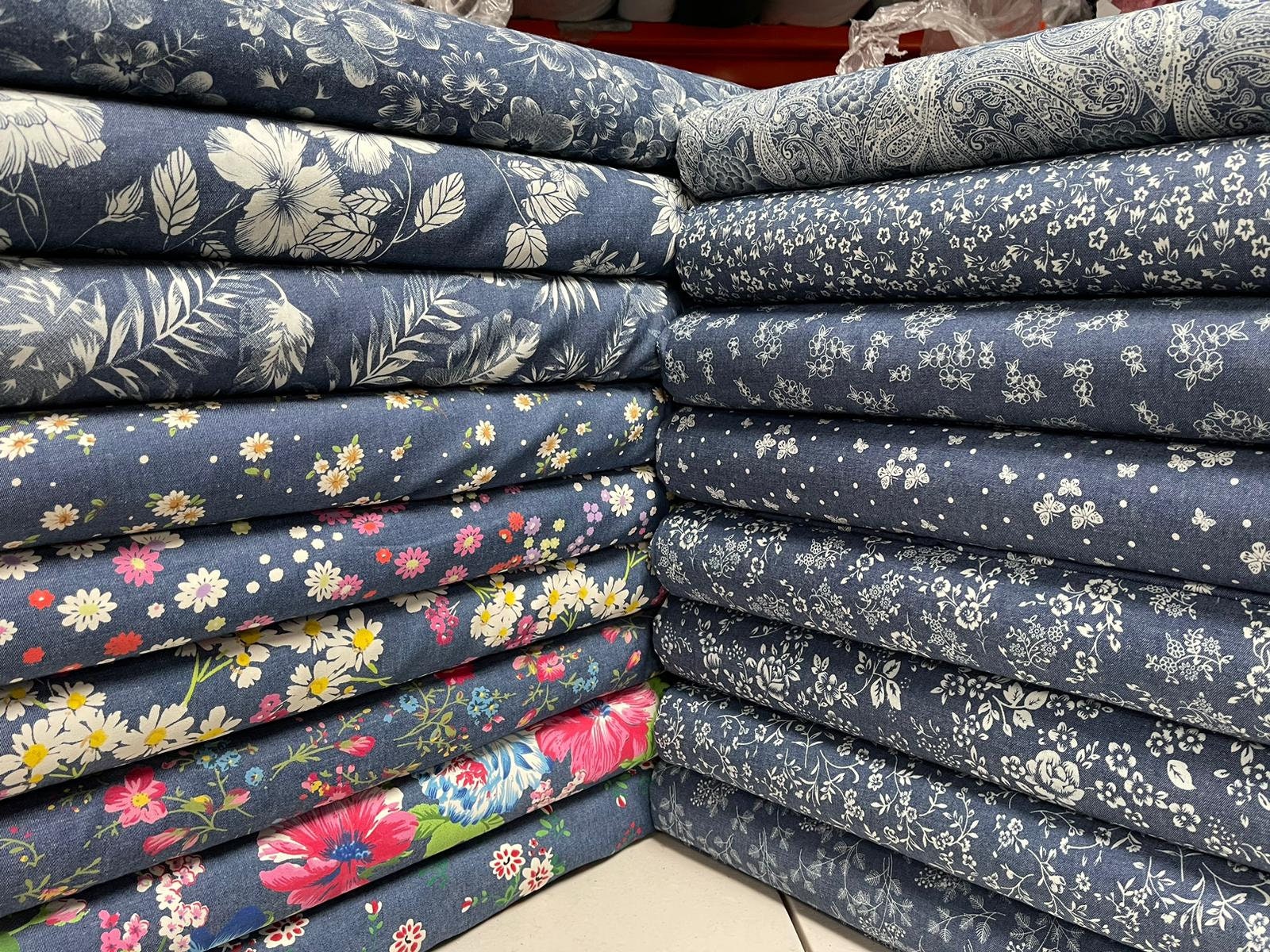Floral Printed Denim Fabric Blue Stretch Cotton Denim Fabric by