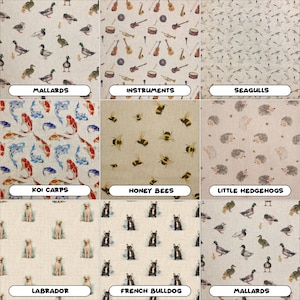 May include: Nine different fabric swatches with various animal and object patterns. The patterns include mallards, instruments, seagulls, koi carps, honey bees, little hedgehogs, labrador, french bulldog, and mallards.