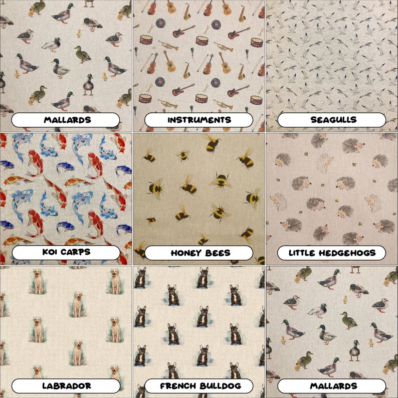 May include: Nine different fabric swatches with various animal and object patterns. The patterns include mallards, instruments, seagulls, koi carps, honey bees, little hedgehogs, labrador, french bulldog, and mallards.