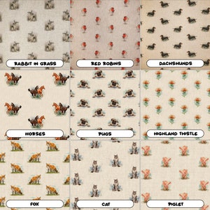 May include: A collage of nine fabric swatches featuring various animal and floral patterns. The swatches are arranged in a 3x3 grid. The top row features a rabbit in grass, red robins, and dachshunds. The middle row features horses, pugs, and a highland thistle. The bottom row features a fox, a cat, and a piglet.