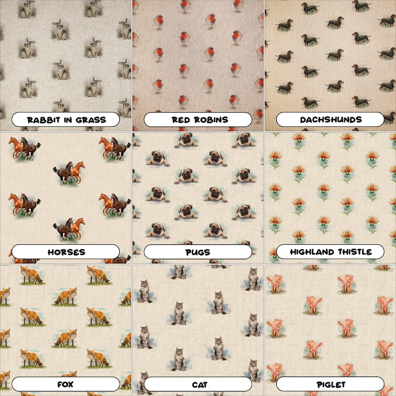 May include: A collage of nine fabric swatches featuring various animal and floral patterns. The swatches are arranged in a 3x3 grid. The top row features a rabbit in grass, red robins, and dachshunds. The middle row features horses, pugs, and a highland thistle. The bottom row features a fox, a cat, and a piglet.