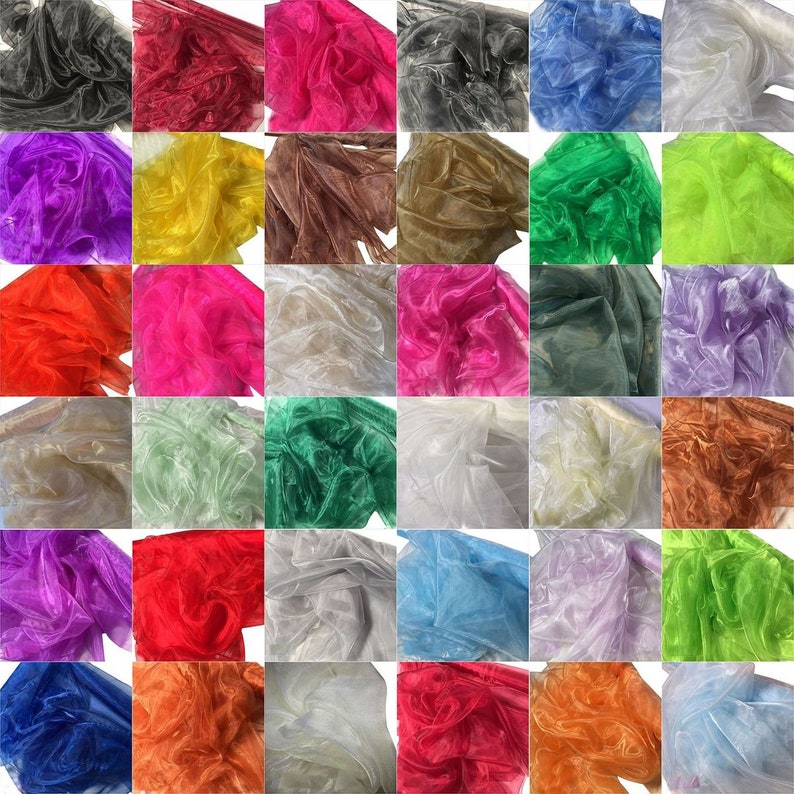 May include: A collection of 36 different colors of sheer tulle fabric. The fabric is arranged in a grid pattern, with each color taking up one square. The colors range from bright and vibrant to soft and muted.