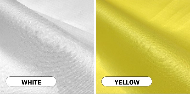May include: Close-up of two fabric samples, one white and one yellow. The white fabric is on the left, and the yellow fabric is on the right. The word "WHITE" is in a white oval on the bottom left, and "YELLOW" is in a yellow oval on the bottom right.