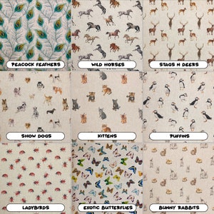 May include: A collage of nine fabric swatches featuring various animal and nature patterns. The patterns include peacocks, horses, stags, dogs, kittens, puffins, ladybugs, butterflies, and rabbits.