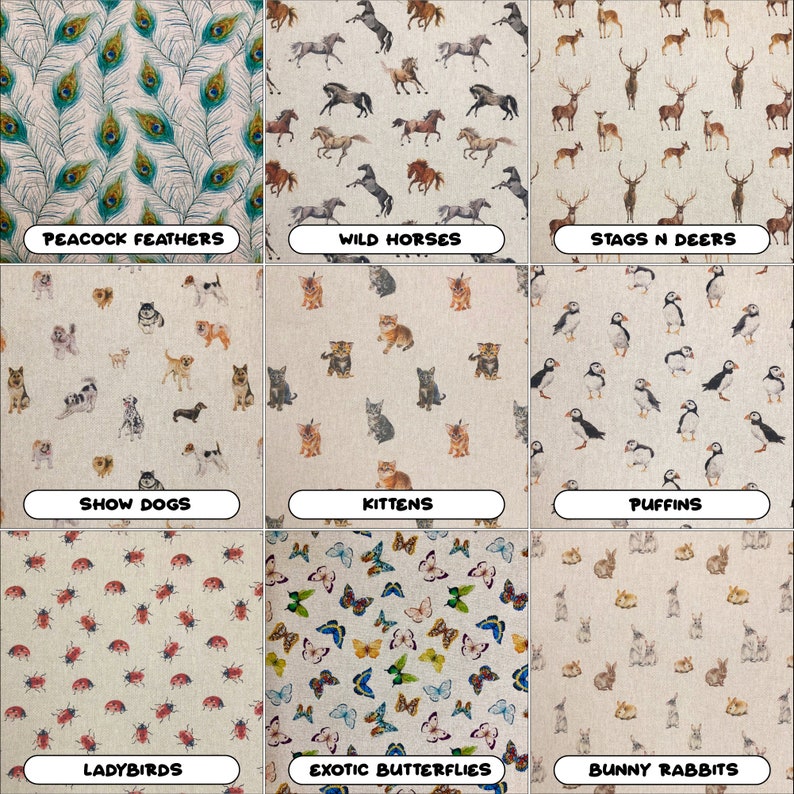 May include: A collage of nine fabric swatches featuring various animal and nature patterns. The patterns include peacocks, horses, stags, dogs, kittens, puffins, ladybugs, butterflies, and rabbits.