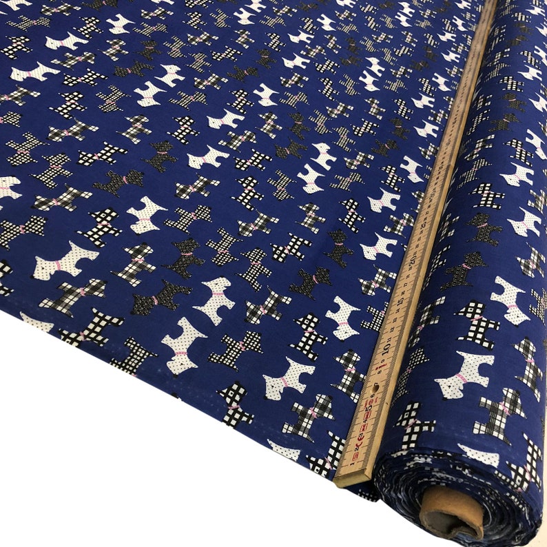 Scotty Dogs Polycotton Fabric Material in Pink Navy Sky & Red Sold By the Metre 114cm wide SCOTTIE DOGS - NAVY