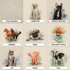 May include: Nine watercolour illustrations on a textured background. The images include a plain natural texture, a Labrador, a French Bulldog, two horses, a pug, a Highland Thistle, a cat, a piglet, and a cow. Each image has a label.