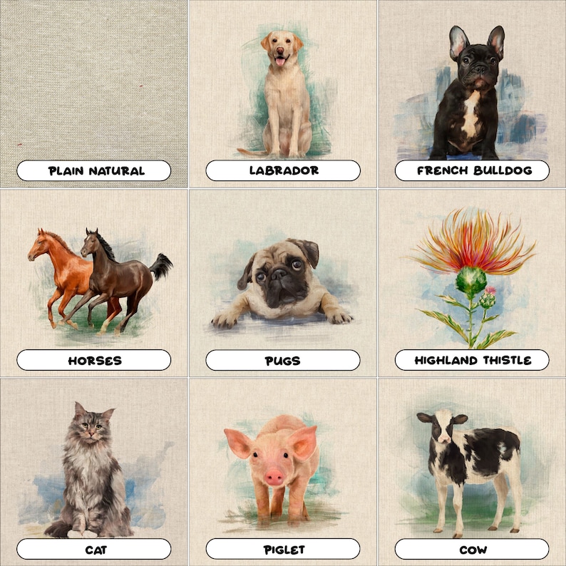 May include: Nine watercolour illustrations on a textured background. The images include a plain natural texture, a Labrador, a French Bulldog, two horses, a pug, a Highland Thistle, a cat, a piglet, and a cow. Each image has a label.