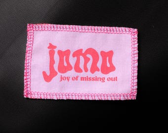 Jomo "Joy of missing out" patch screen print patch, washable, lilac purple or black for sewing on