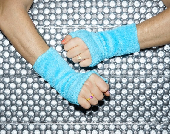 Soft Wrist Warmers Light Blue Fluffy Shaggy Soft Warm With