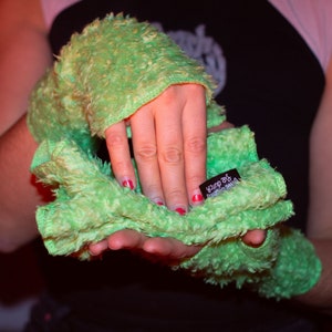 Arm warmers fur wrist warmer hand warmer rave soft warm cuffs bright green neon green shaggy soft teddy fur warm with thumb hand sewn