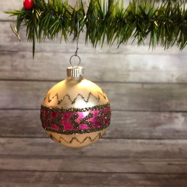 Shiny Brite Christmas Ornament Hot Pink Sliver and Black Mica Glass Decorations