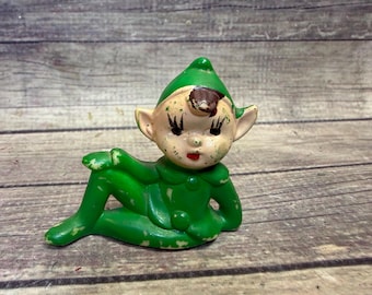 Vintage Tiny Elf Pixie Green Pixie Elf Figurine Mid Century Japan