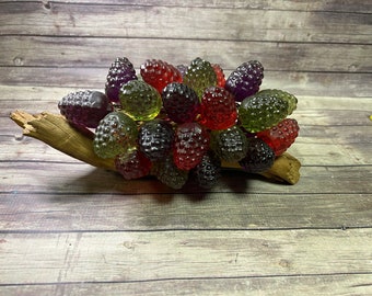 Vintage Lucite Red Purple Green Raspberry Cluster Mid Century Modern Decor on a  Piece of Wood Lovely Condition 8 Inches  Berry About 2"