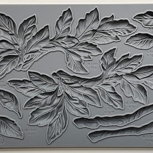May include: A gray silicone mold with various leaf and branch designs. The mold is labeled "VIRIDIS IOD" and includes measurements in milliliters and grams.