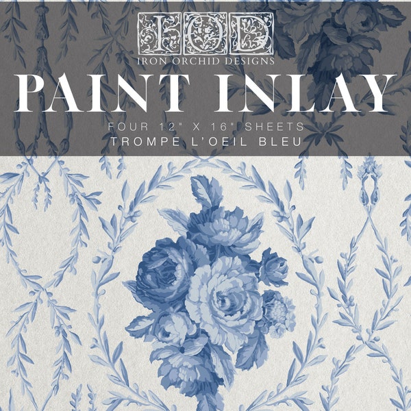 IOD Paint Inlay -Trompe L'oeil Bleu  12×16 PAD™ 6x10 Paint Inlay- Transfers  a Printed Paint Design into Wet Paint 4 Sheets