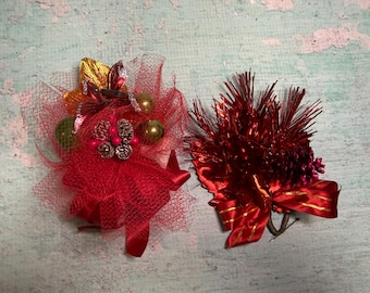 Vintage Christmas Corsages Set of 2  Mid Century Holiday Floral Picks  Retro Red Tinsel Corsages |Christmas Craft & Decor