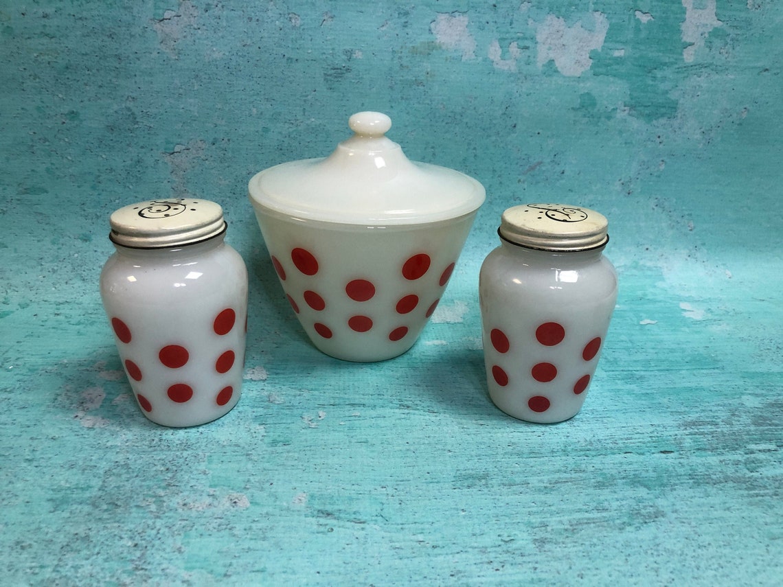 Fire King Red Polka Dot Grease Bowl Jar with Lid and Salt and Etsy