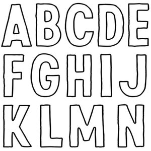 May include: Black and white alphabet letters A through N. The letters are in a bold, sans-serif font with a hand-drawn appearance. The letters are evenly spaced and arranged in three rows.