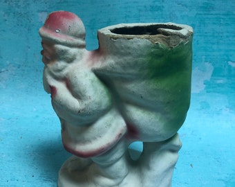 Vintage Paper Mache Santa and Sack Red and White Candy Container papier-mâché Red and Green