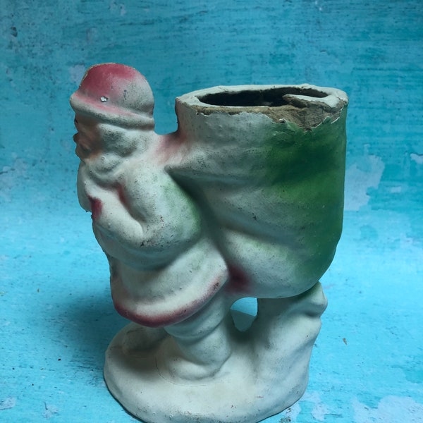 Vintage Paper Mache Santa and Sack Red and White Candy Container papier-mâché Red and Green