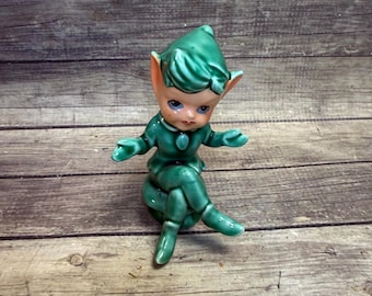 Vintage Elf Pixie Green Pixie Elf Figurine Mid Century Made in Japan Sitting on a Stump