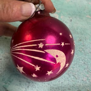 Shiny Brite Space Age Vintage Mercury Glass Pink Christmas Ornament 1950&#39;s Stencil  Ornament Moon Planets Stars