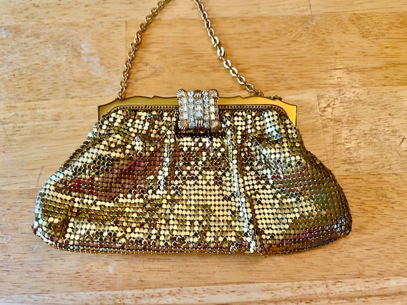 Vintage Whiting and Davis Co Gold Mesh Purse With Rhinestone Clasp 