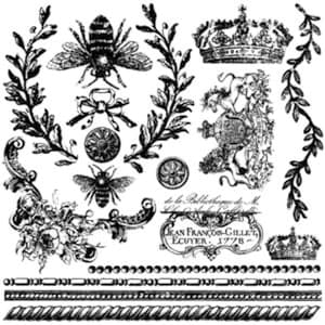 May include: Black and white vintage style graphic design elements with bees, crowns, floral wreaths, and a decorative border. The text reads "de la Bibliotheque de Mr. Le Chevalier de Catteville. Jean Francois Gillet, Ecuyer, 1778."