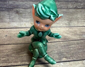 Vintage Green Pixie Elf Figurine - Mid Century Japan