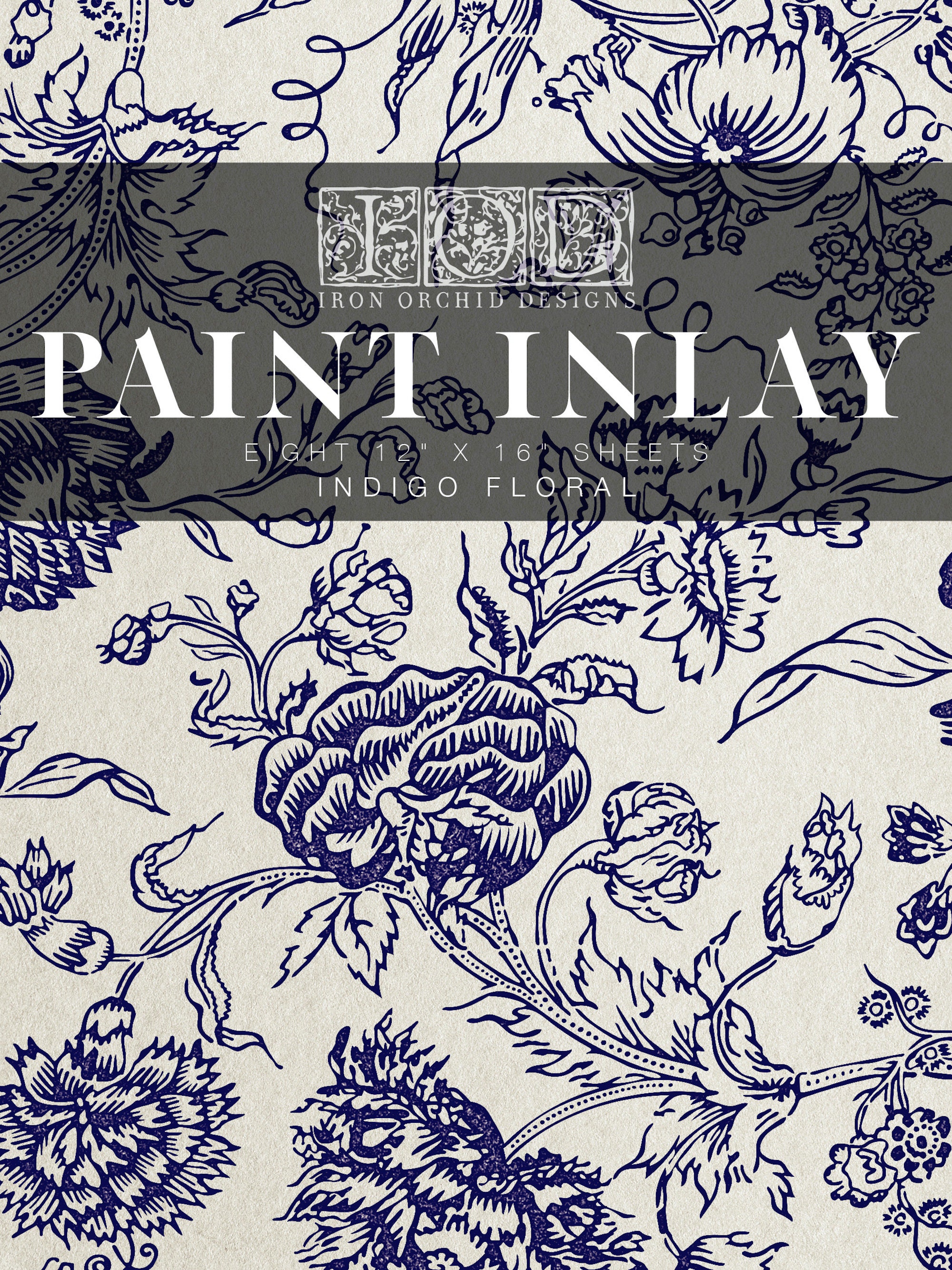 IOD Paint Inlay -  Indigo Floral - Totally New Concept - Transfers  a Printed Paint Design into Wet Paint 8 Sheets of Paint Designs on Paper