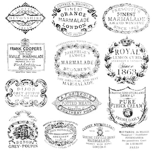 May include: A collection of vintage black and white labels for food products. The labels feature ornate designs and text, including "Clotted Devonshire Cream", "Finest Orange Marmalade", "Royal Lemon Curd", "Dijon Grey-Poupon", and "Pure Thick Cream".