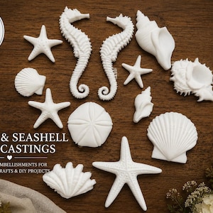 May include: White resin castings of various ocean elements, including starfish, seahorses, and seashells. The image includes text that reads "Paintable Resin Castings" and "Ocean & Seashell Resin Castings". These are paintable embellishments for furniture, crafts, and DIY projects.