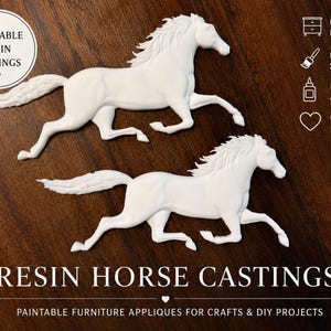 May include: Two white resin horse castings in a running pose. The castings are for paintable furniture appliques and DIY projects. The image includes text that says "Paintable Resin Castings" and "Resin Horse Castings".