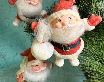 Vintage Flocked Dancing Santa Ornaments: Rubber Face, Wispy Beard - Set of 3
