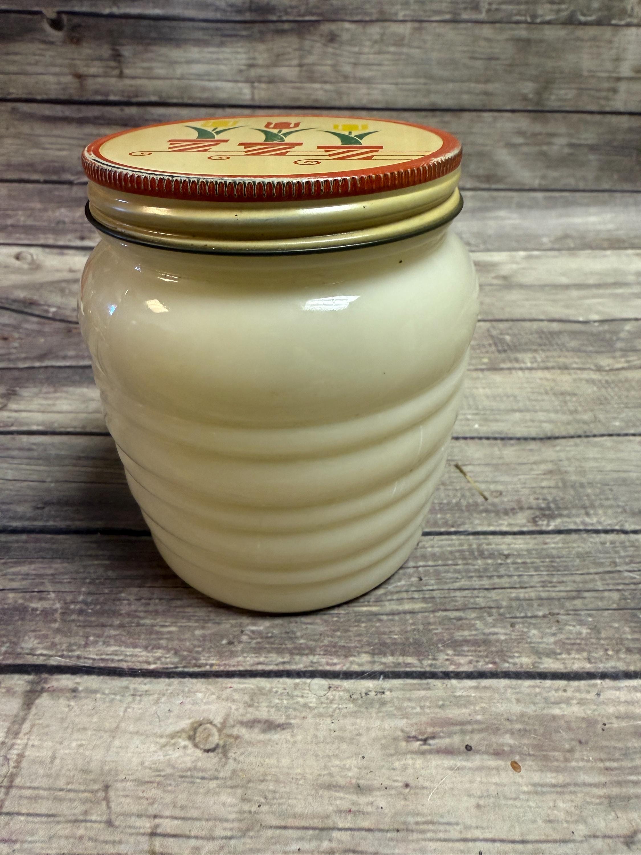 Fire King Ivory Jar with Tulip Pattern Lid Ribbed Vintage Container