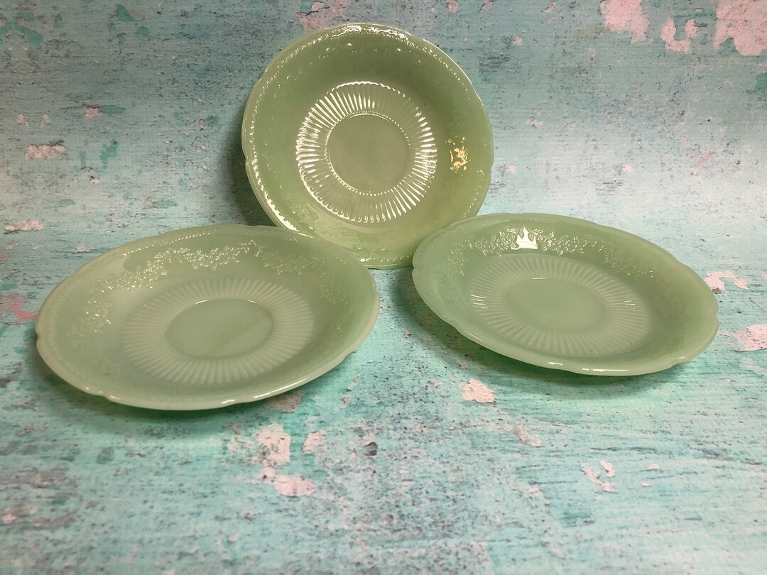 3 Jadeite Alice Saucers Green Jadeite Lovely Floral Very Good Condition